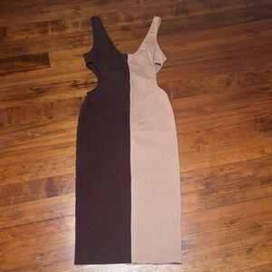 Two-Tone Brown and Tan Bodycon Midi Dress